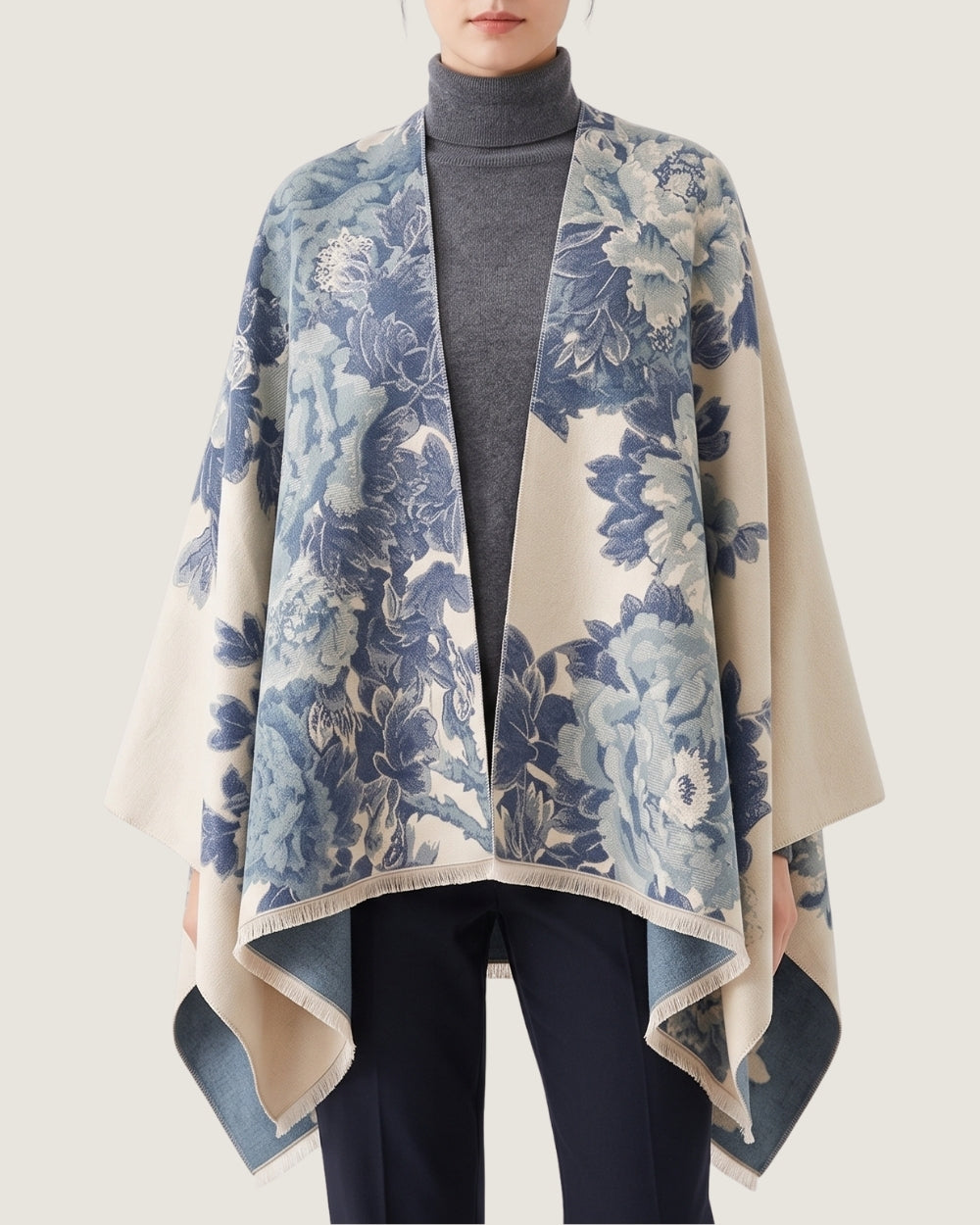 poncho-cape-femme-motif-floral-vintage-bleu