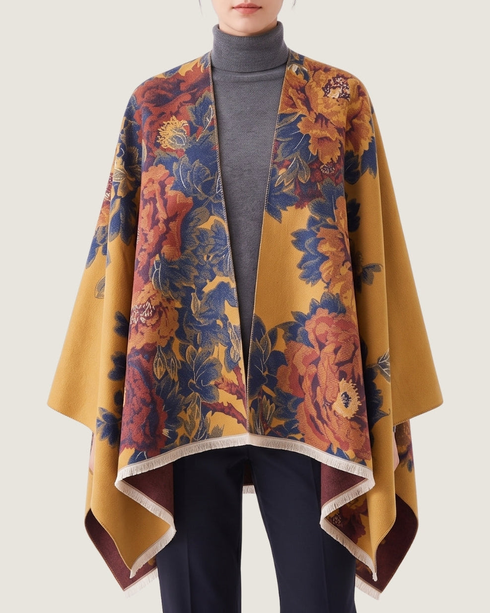 poncho-cape-femme-motif-floral-vintage-orange
