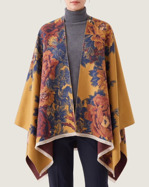poncho-cape-femme-motif-floral-vintage-orange