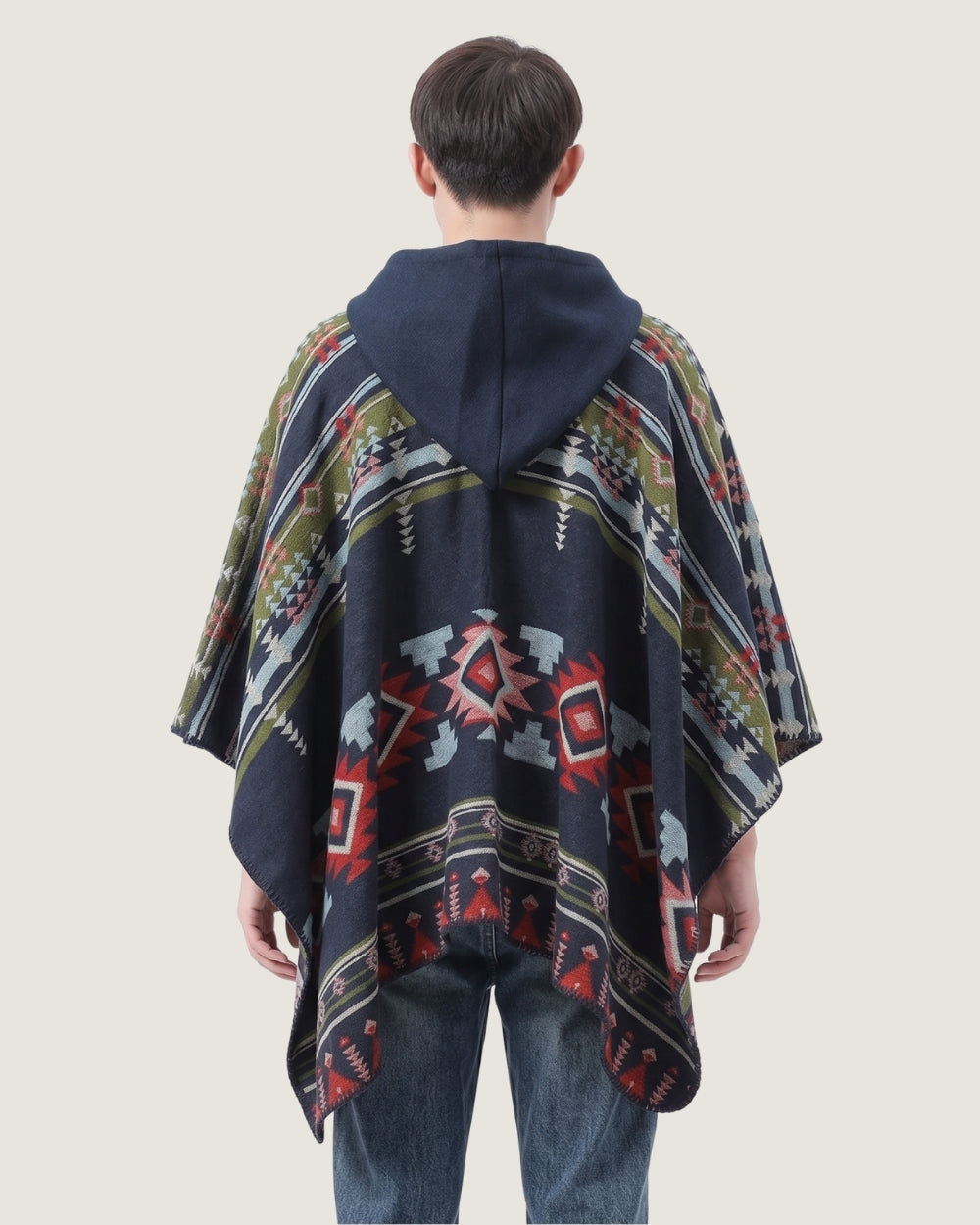poncho-cape-homme-capuche-motif-ethnique-bleu-marine-dos