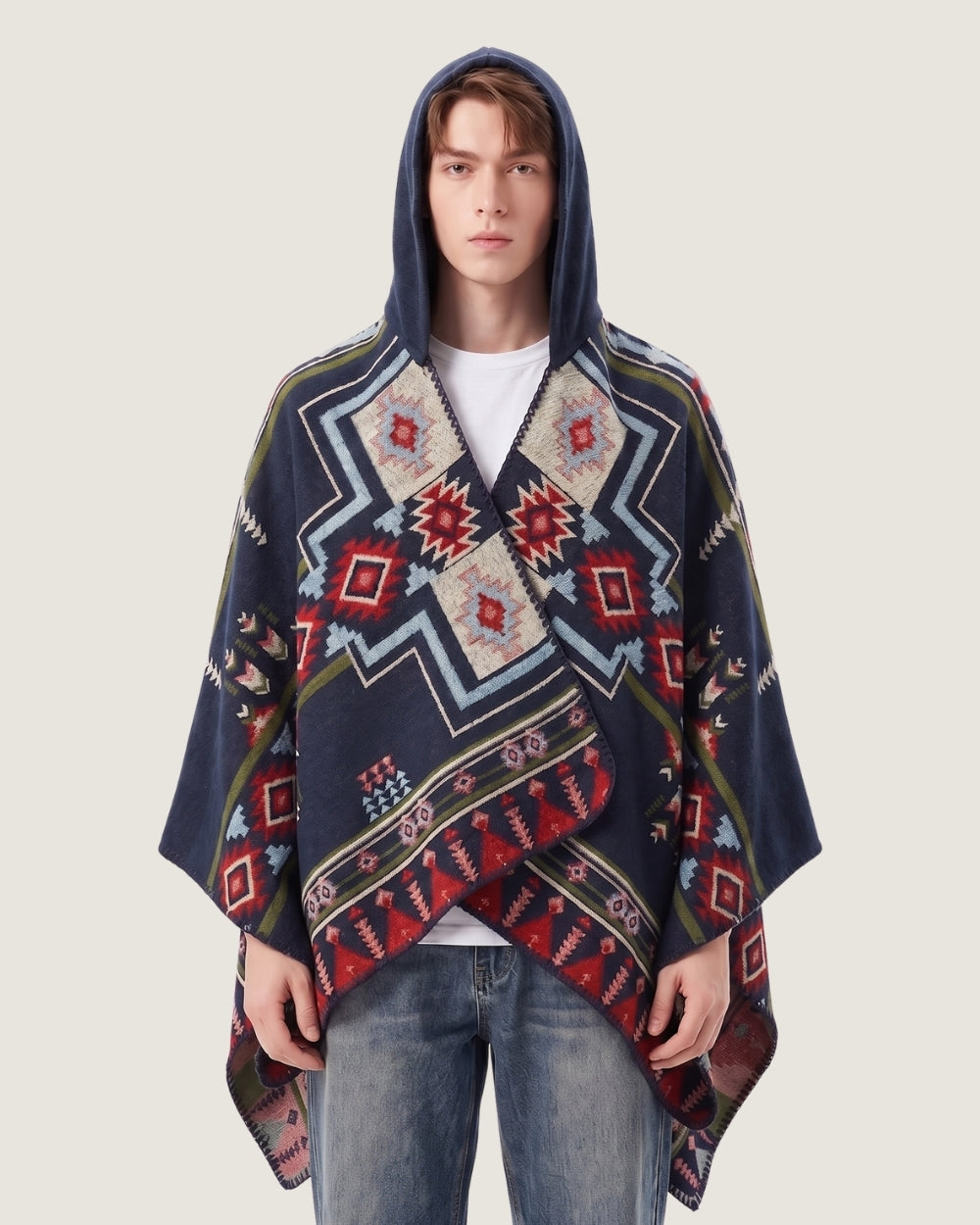 poncho-cape-homme-capuche-motif-ethnique-bleu-marine