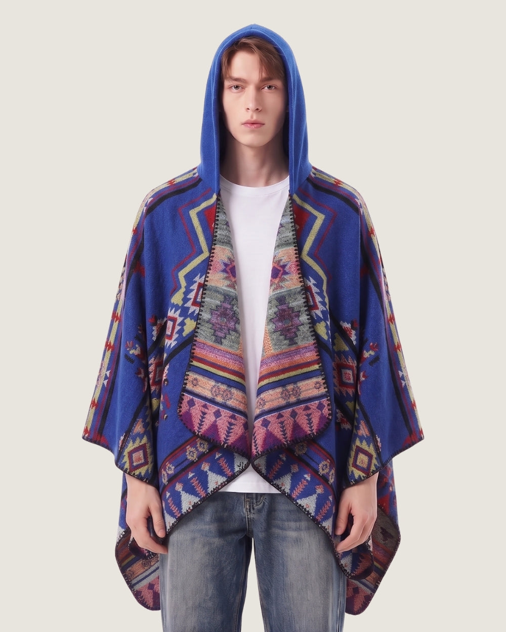 poncho-cape-homme-capuche-motif-ethnique-bleu