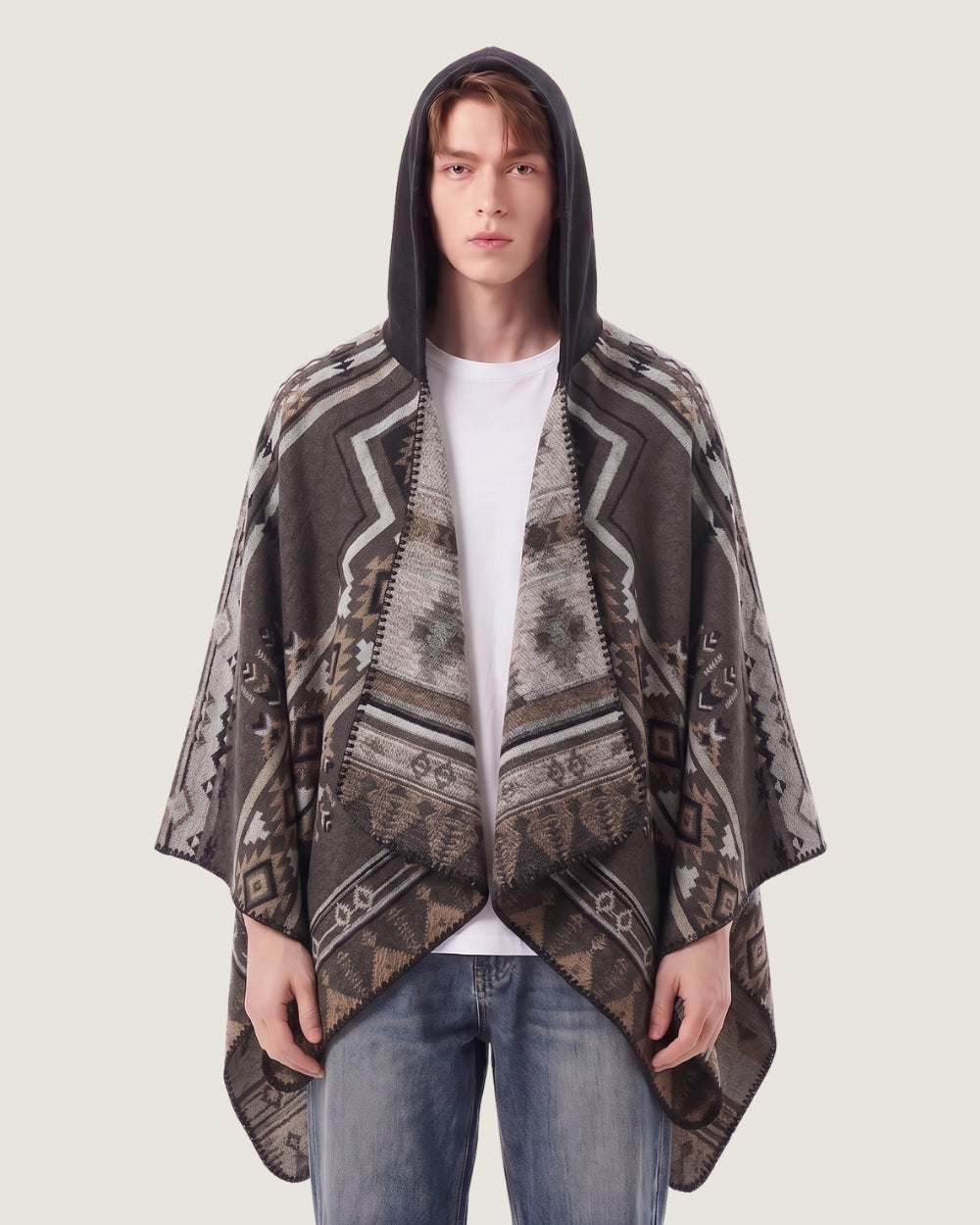 poncho-cape-homme-capuche-motif-ethnique-gris