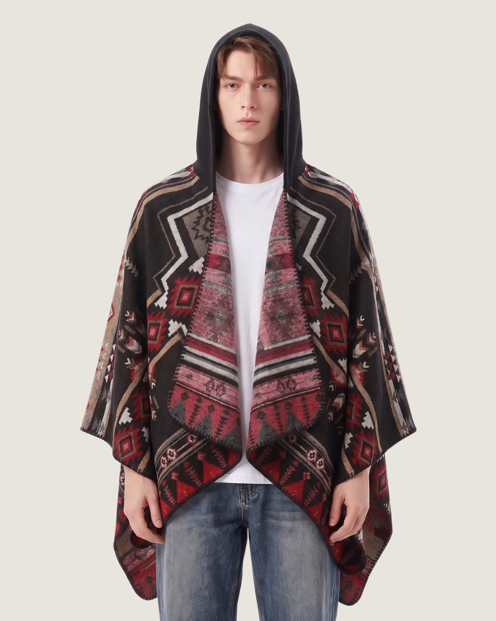 poncho-cape-homme-capuche-motif-ethnique-noir