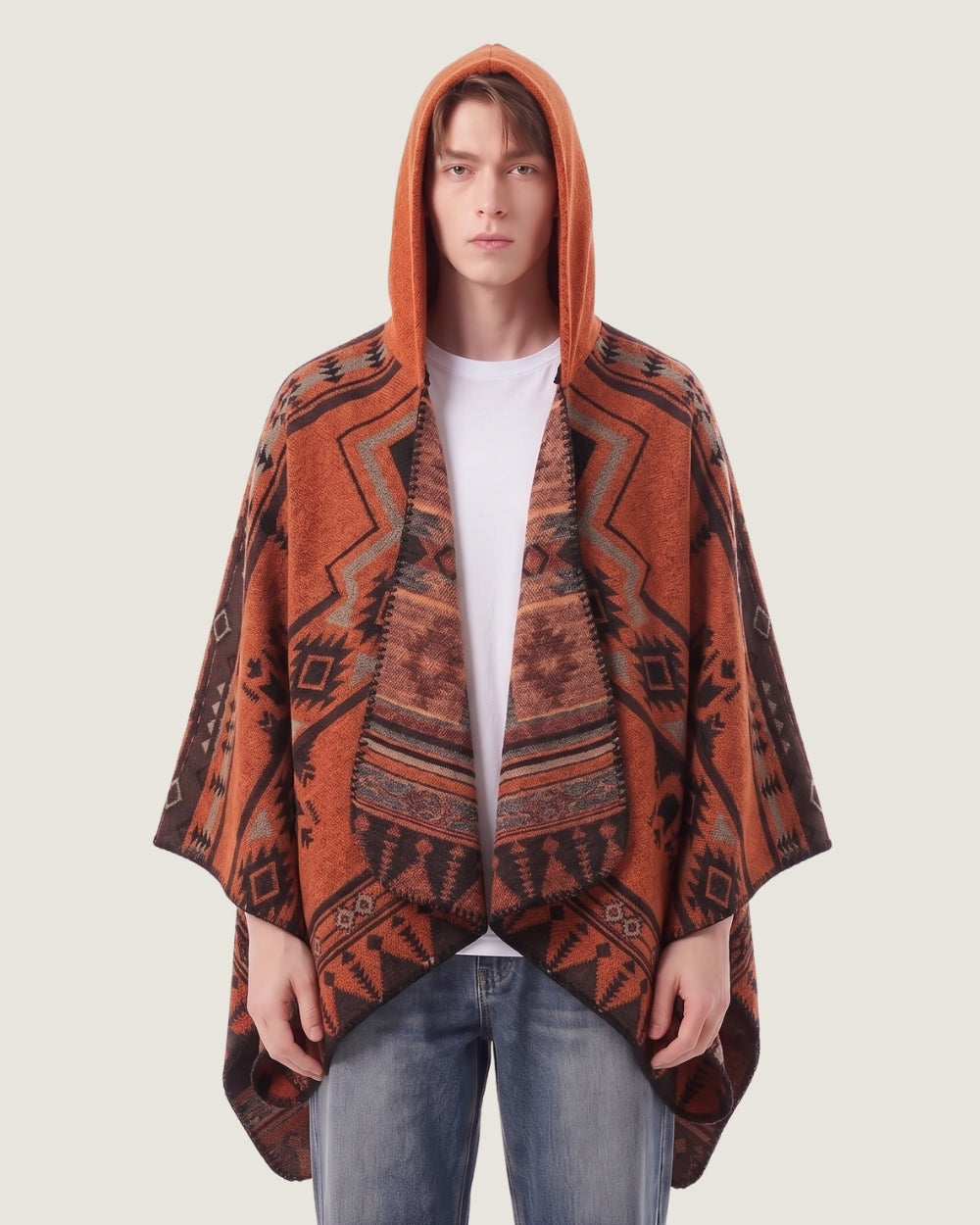 poncho-cape-homme-capuche-motif-ethnique-orange