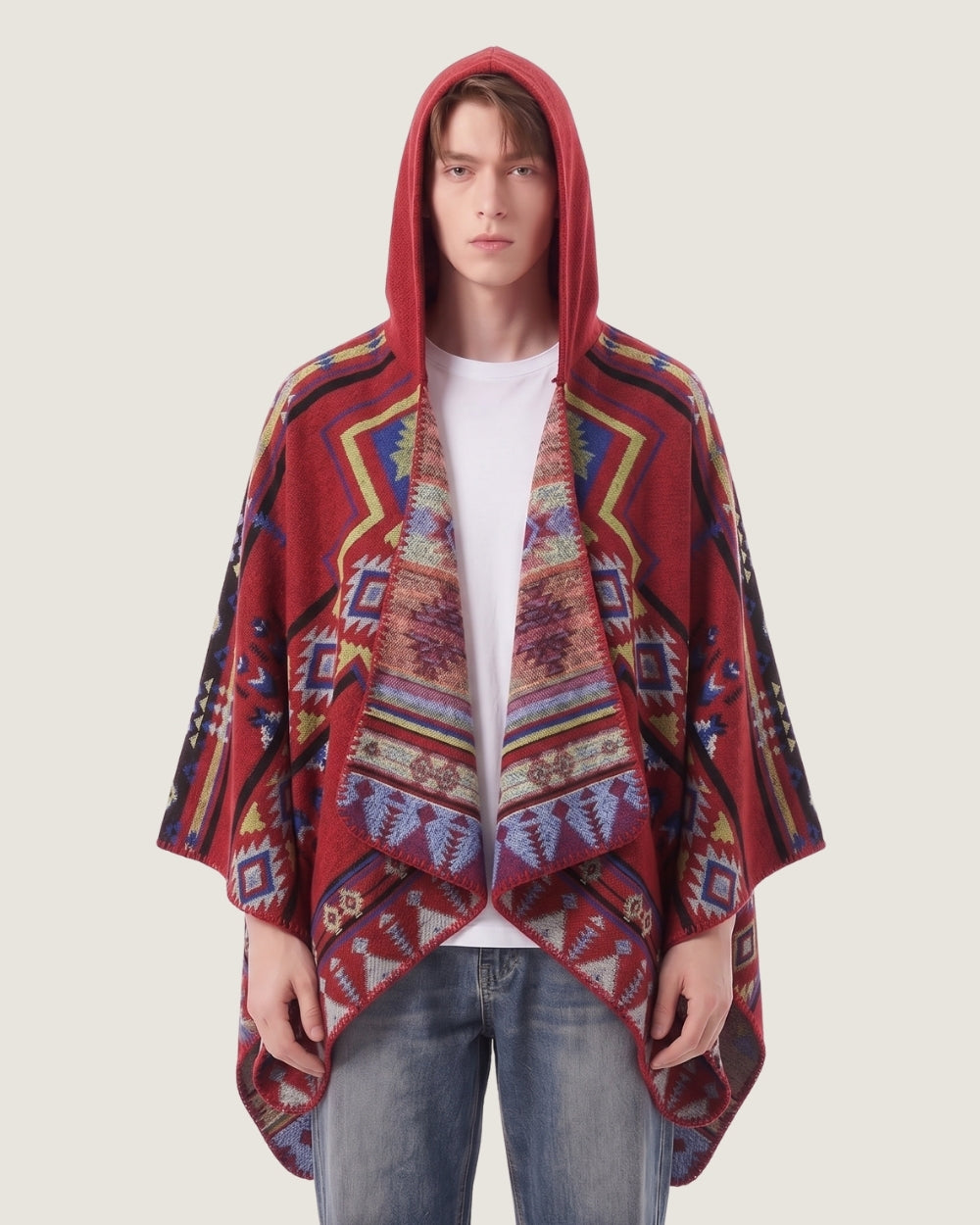 poncho-cape-homme-capuche-motif-ethnique-rouge