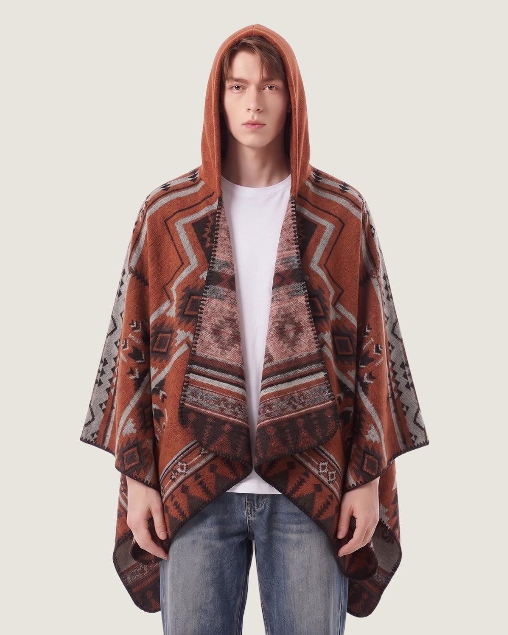 poncho-cape-homme-capuche-motif-ethnique-terracotta