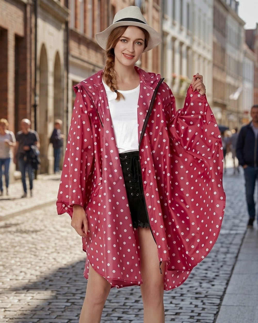 poncho-de-pluie-capuche-impermeable-motif-pois-bleu-fuschia-situation