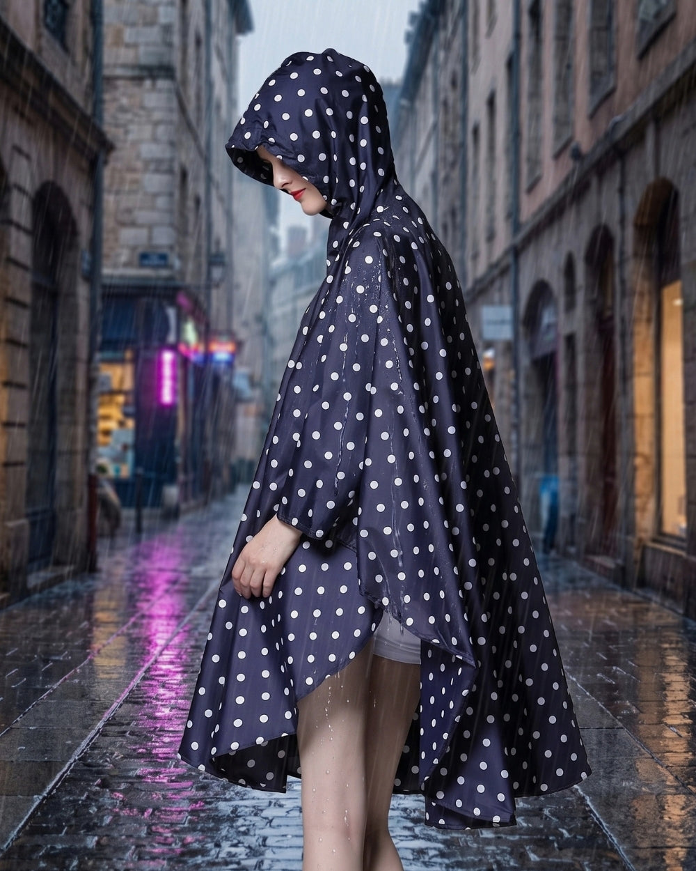 poncho-de-pluie-capuche-impermeable-motif-pois-bleu-marine-situation