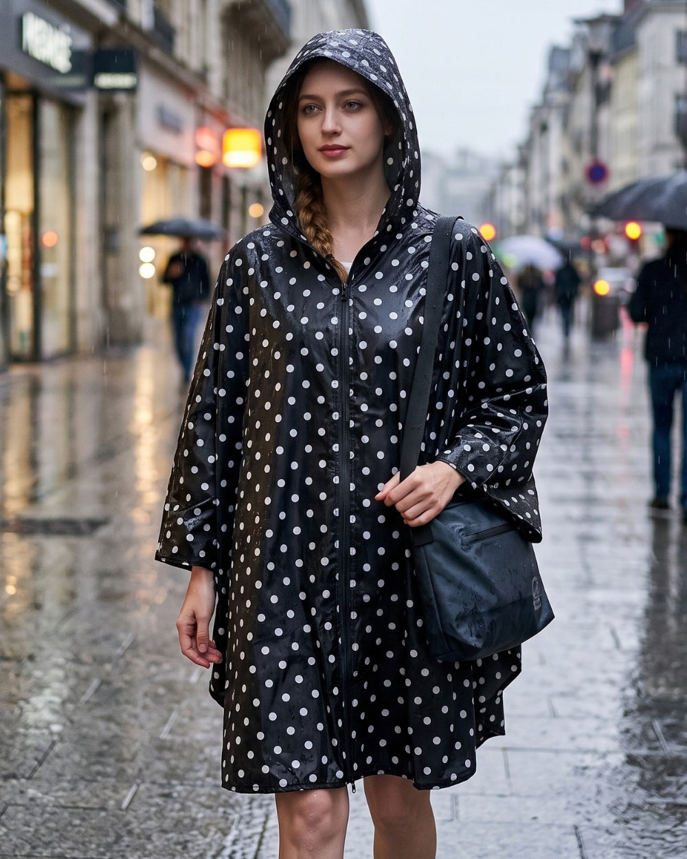 poncho-de-pluie-capuche-impermeable-motif-pois-noir-situation