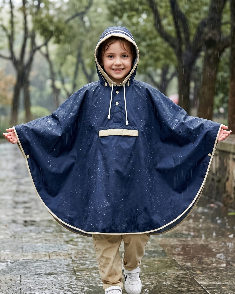 poncho-de-pluie-enfant-capuche-impermeable-beige-bleu-marine-situation