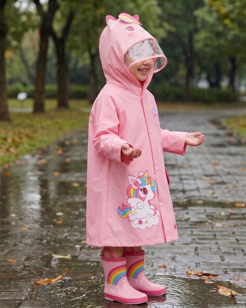 poncho-de-pluie-enfant-fille-licorne-impermeable-capuche-situation-cote