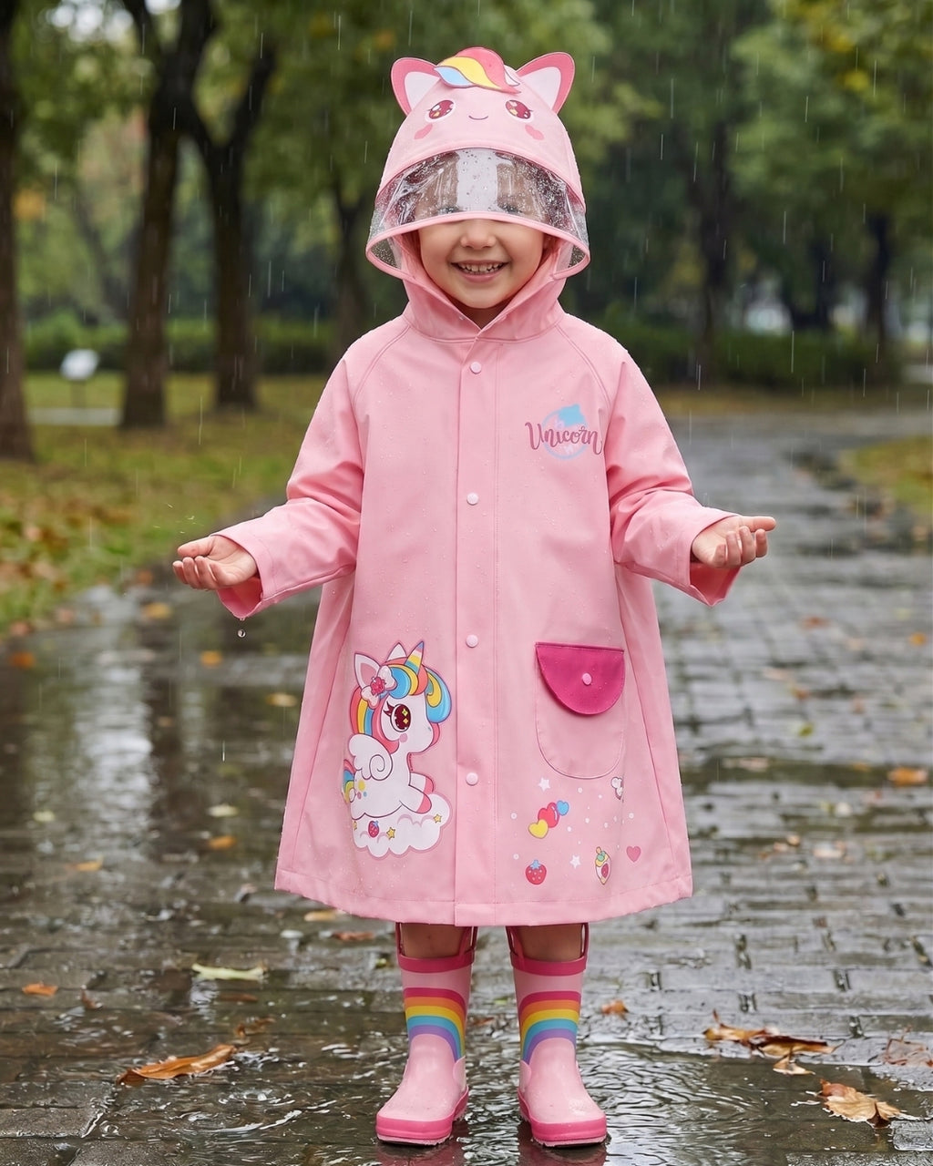 poncho-de-pluie-enfant-fille-licorne-impermeable-capuche-situation-face