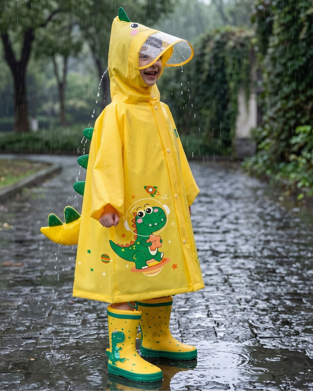 poncho-de-pluie-impermeable-enfant-dinosaure-jaune-situation