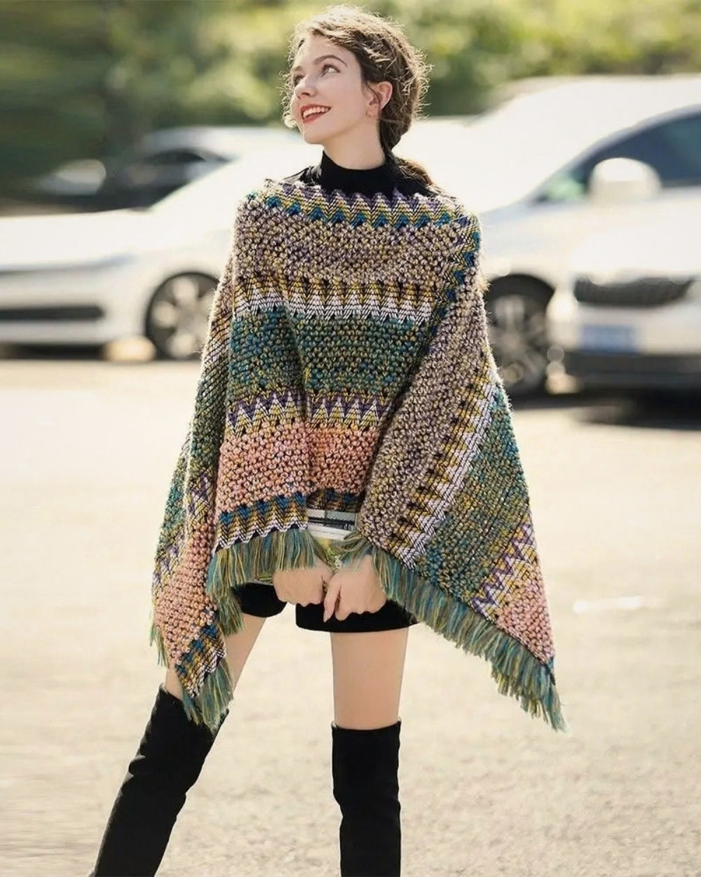 poncho-femme-chaud-franges-style-peruvien-situation-vert