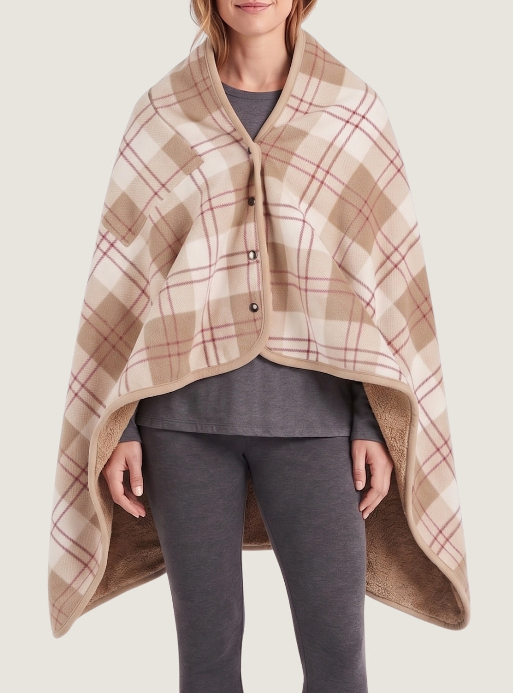 poncho-femme-plaid-tartan-polaire-beige