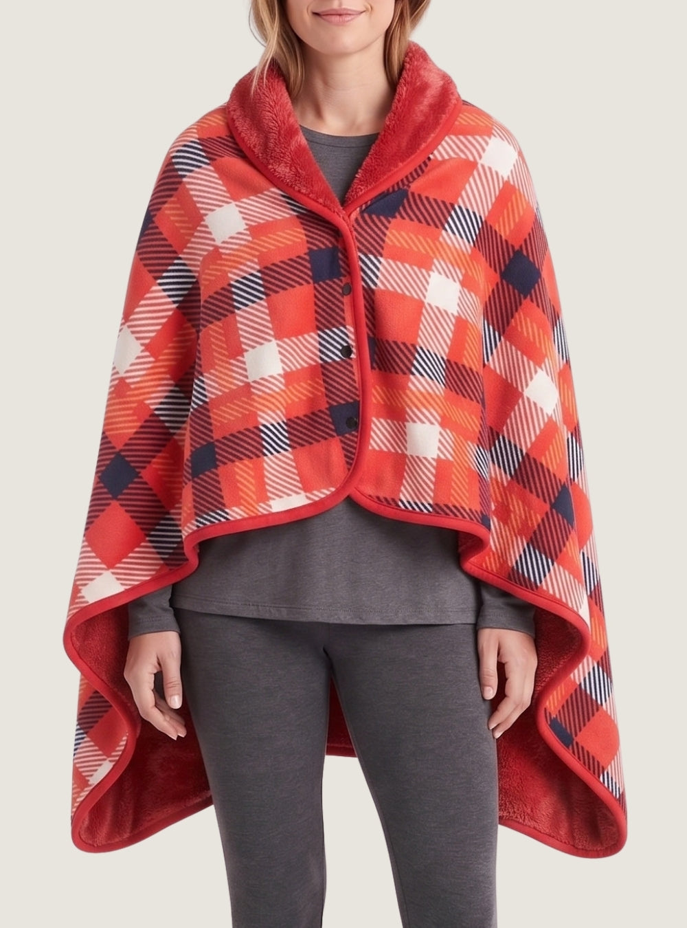 poncho-femme-plaid-tartan-polaire-rouge