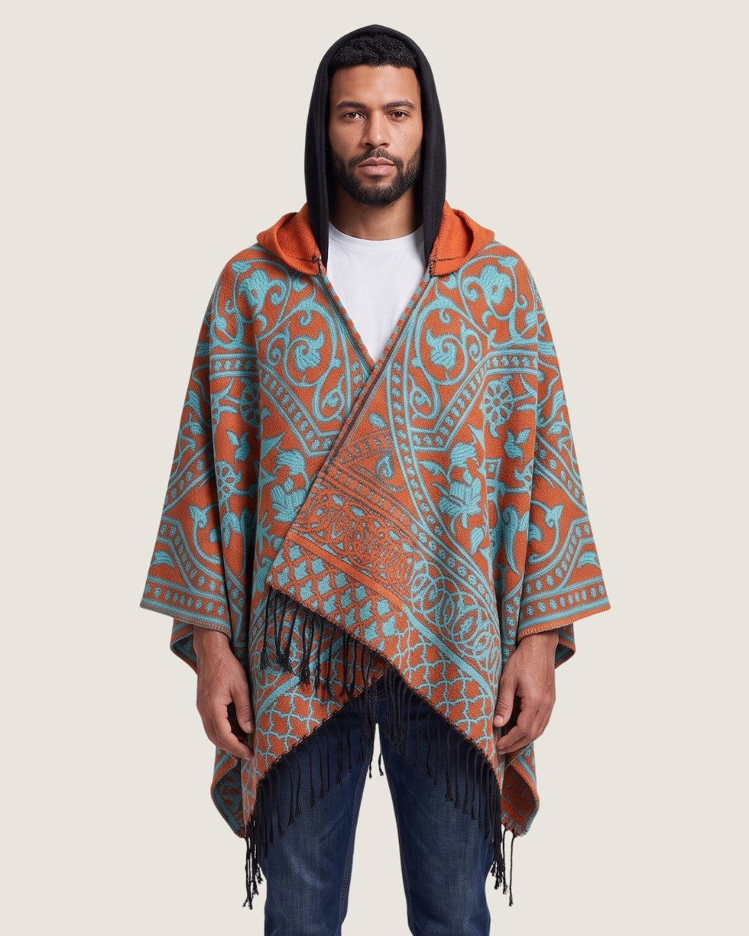 poncho-homme-mexicain-a-capuche-et-franges-motif-ethnique-orange-bleu-clair