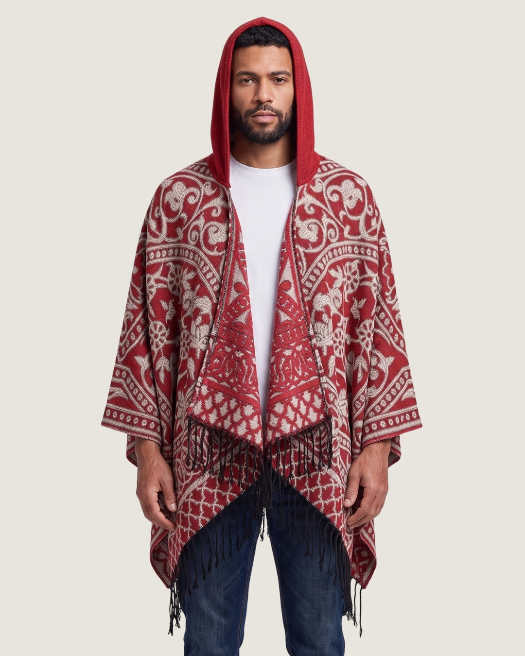 poncho-homme-mexicain-a-capuche-et-franges-motif-ethnique-rouge-blanc