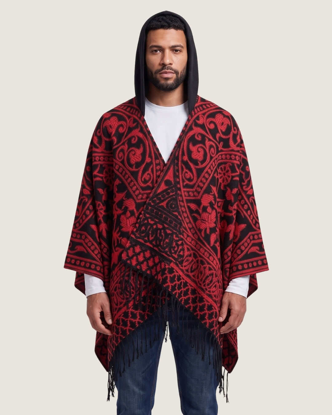 poncho-homme-mexicain-a-capuche-et-franges-motif-ethnique-rouge-noir