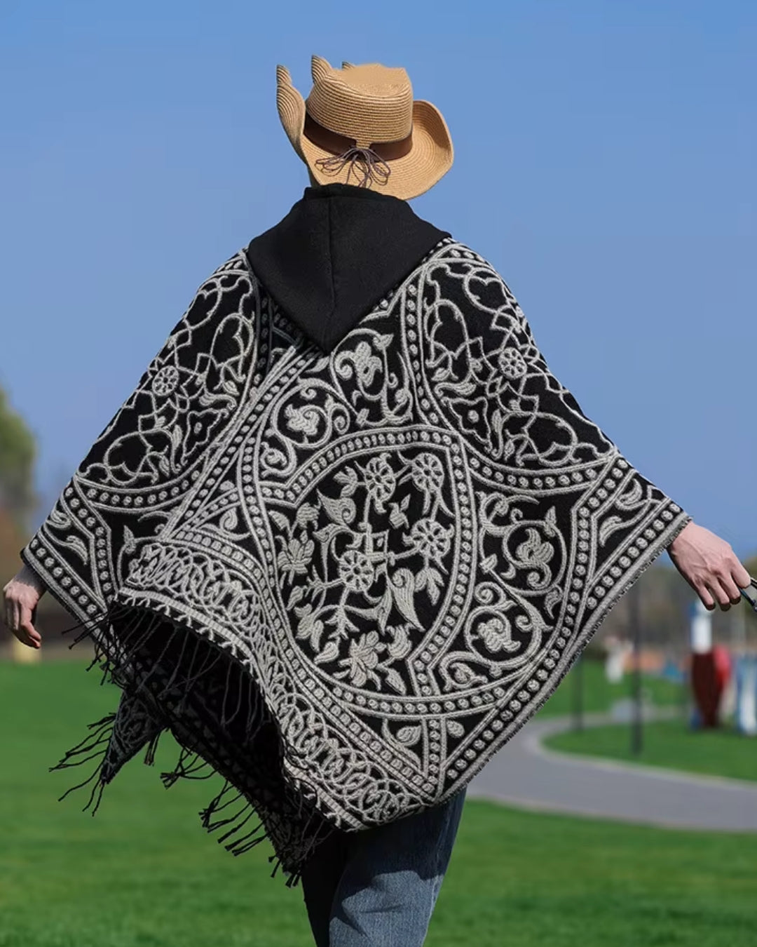 poncho-homme-mexicain-a-capuche-et-franges-motif-ethnique-situation-dos