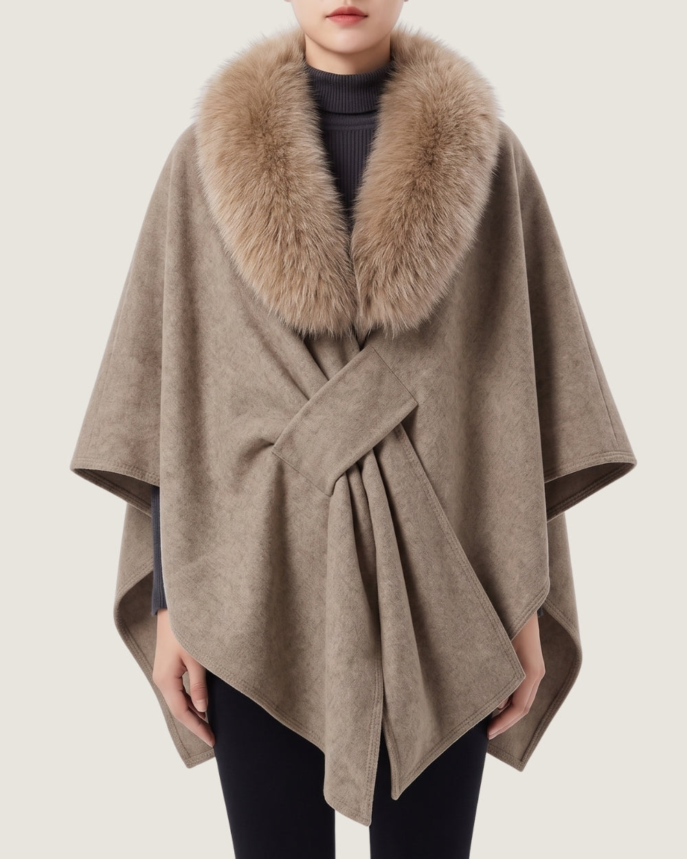 poncho-manteau-a-fourrure-femme-marron-clair
