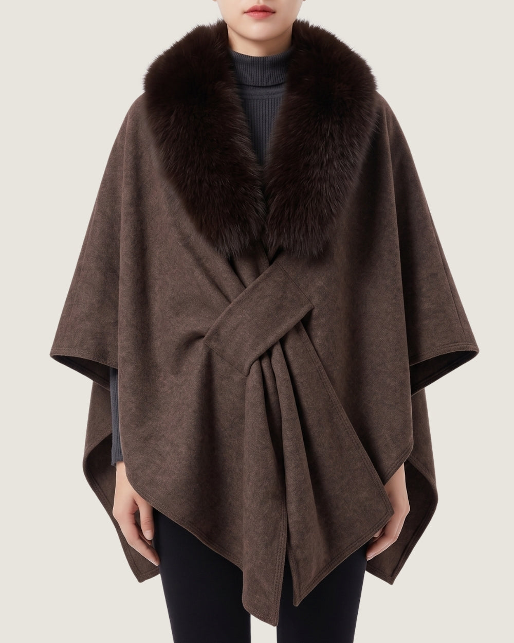 poncho-manteau-a-fourrure-femme-marron-fonce