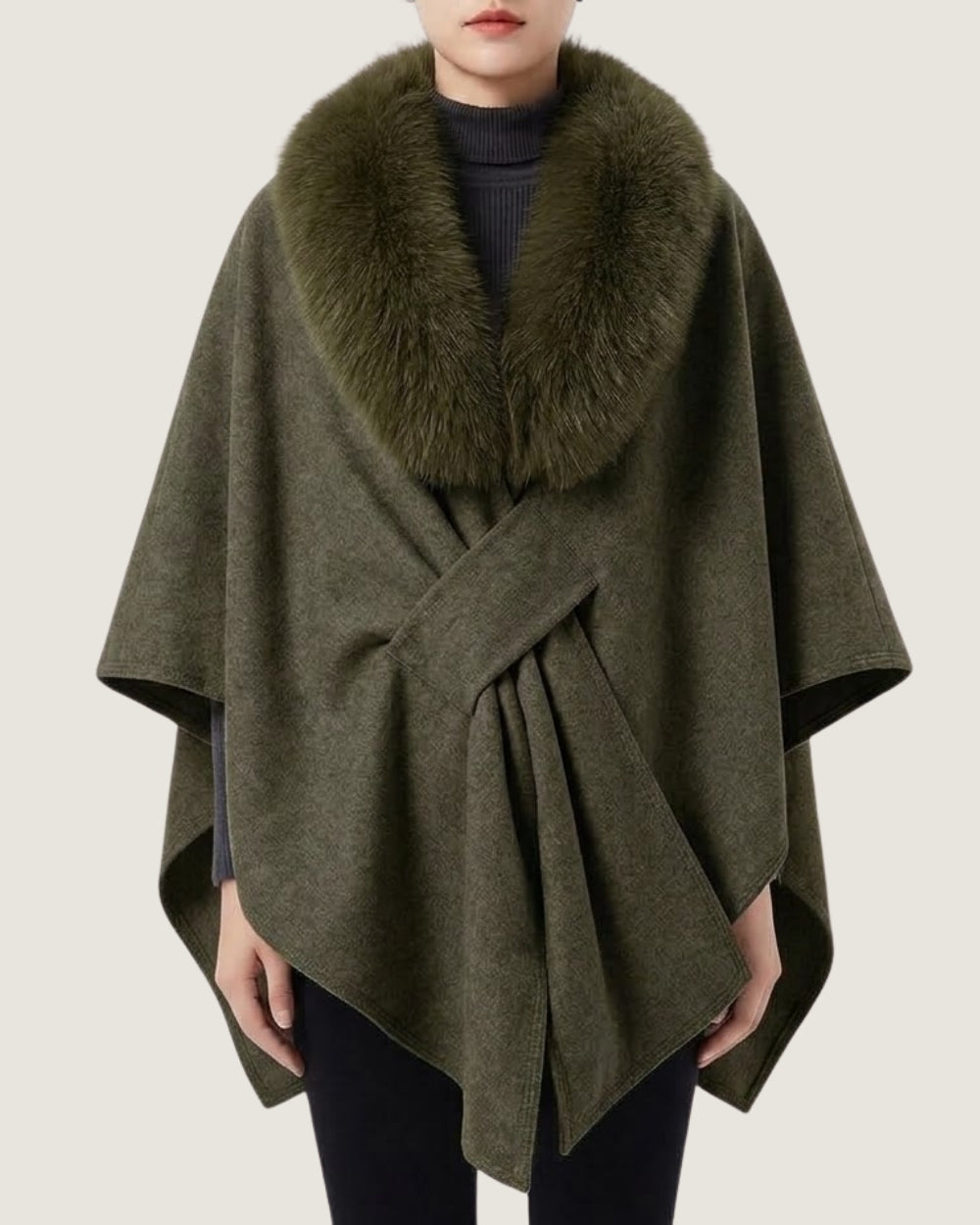 poncho-manteau-a-fourrure-femme-vert-olive