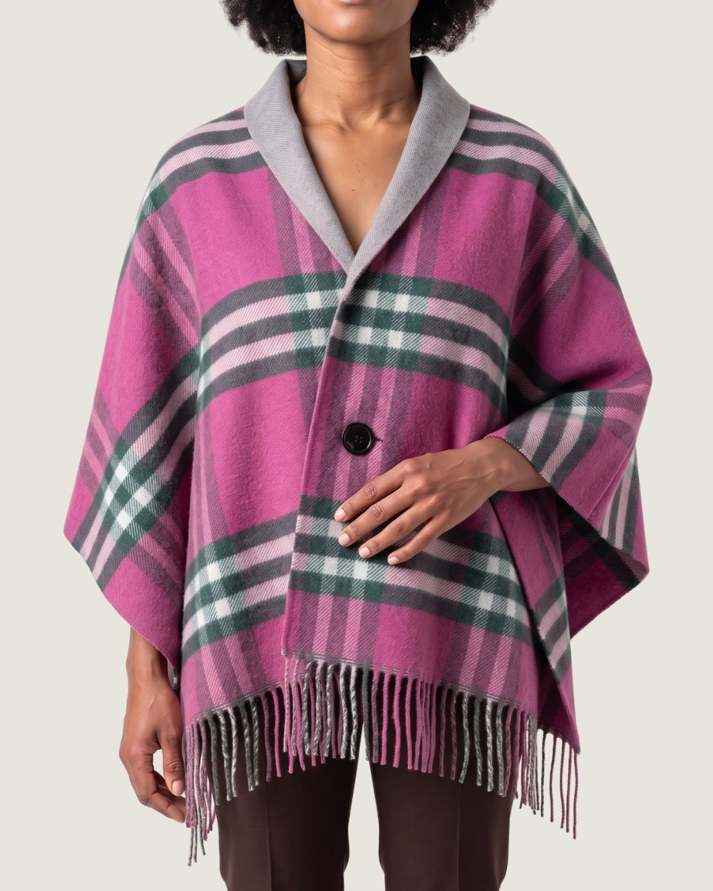 poncho-manteau-femme-franges-et-rayures-vintage-magenta
