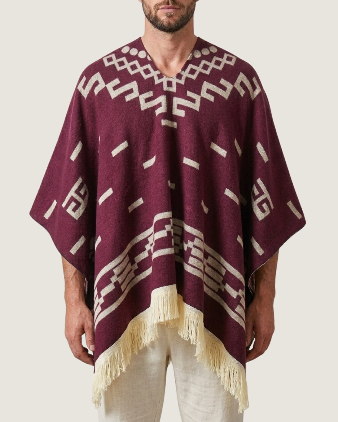 poncho-mexicain-franges-motif-azteque-studio-rouge-bordeaux