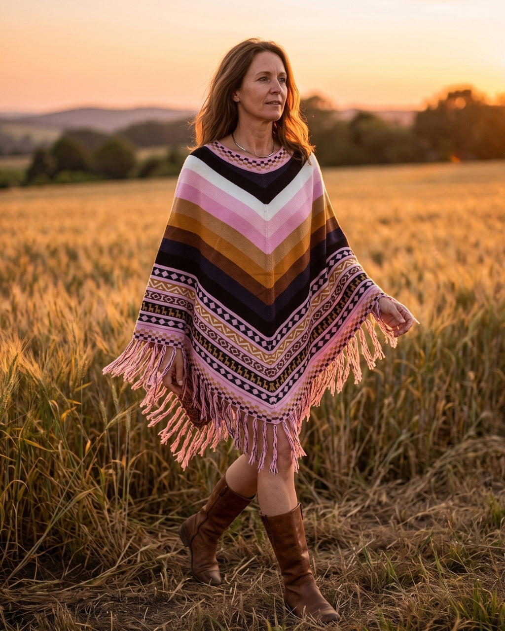 poncho-peruvien-multicolore-raye-franges-situation-femme