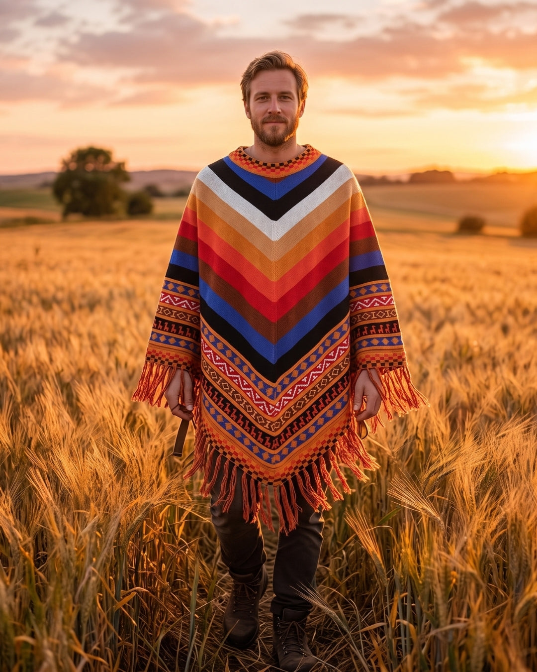 poncho-peruvien-multicolore-raye-franges-situation-homme