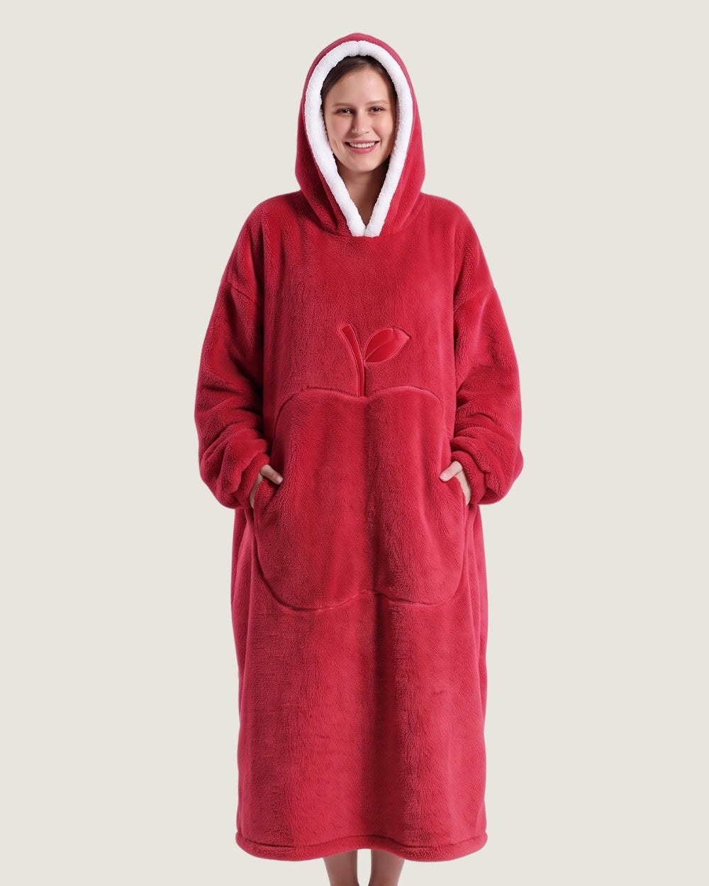 poncho-plaid-chaud-a-capuche-poche-ventrale-pomme-rouge