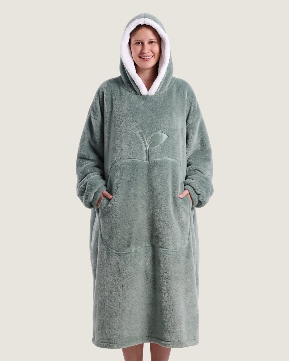 poncho-plaid-chaud-a-capuche-poche-ventrale-pomme-vert-gris