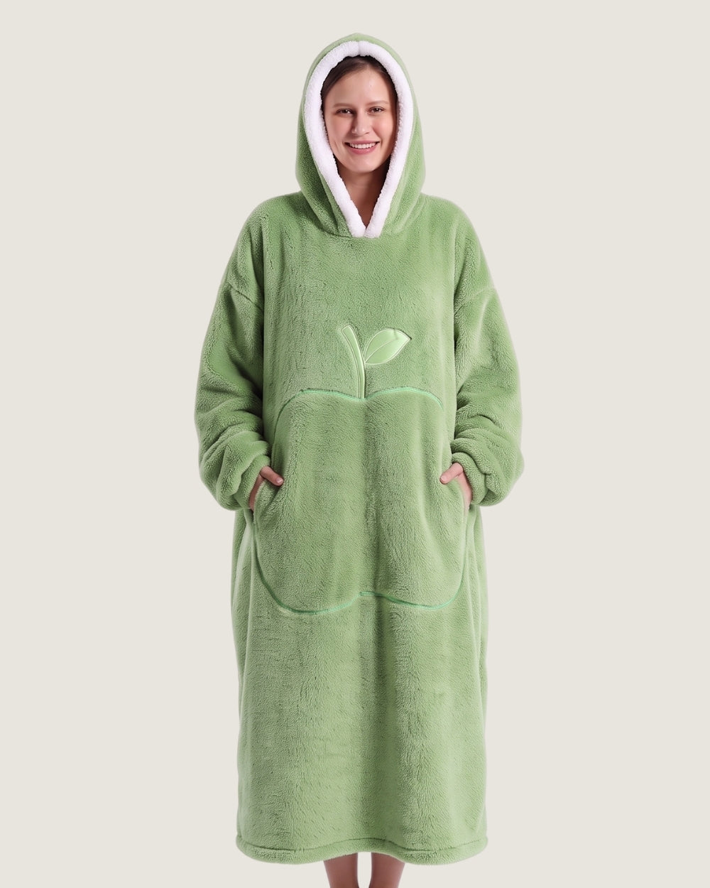 poncho-plaid-chaud-a-capuche-poche-ventrale-pomme-vert