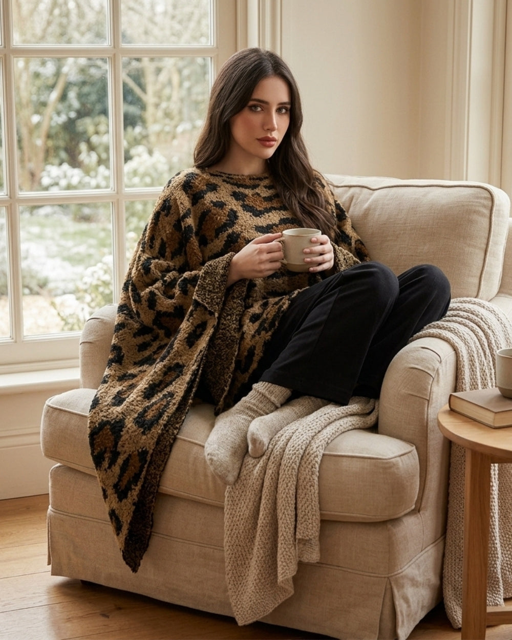 poncho-plaid-femme-leopard-cocooning-fauteuil