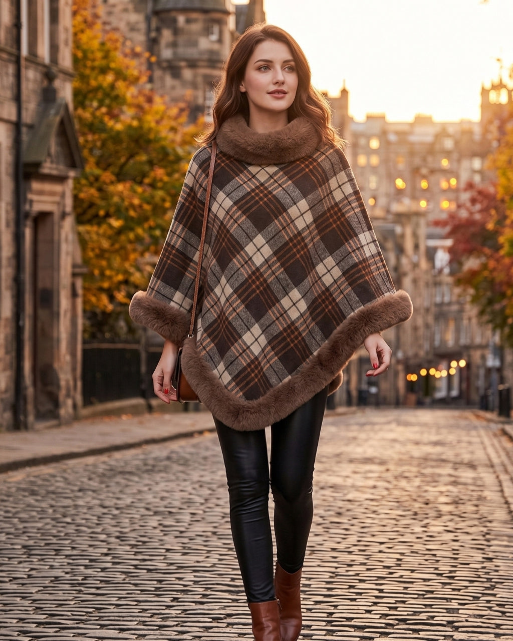 poncho-polaire-a-fourrure-femme-motif-plaid-tartan-marron-situation