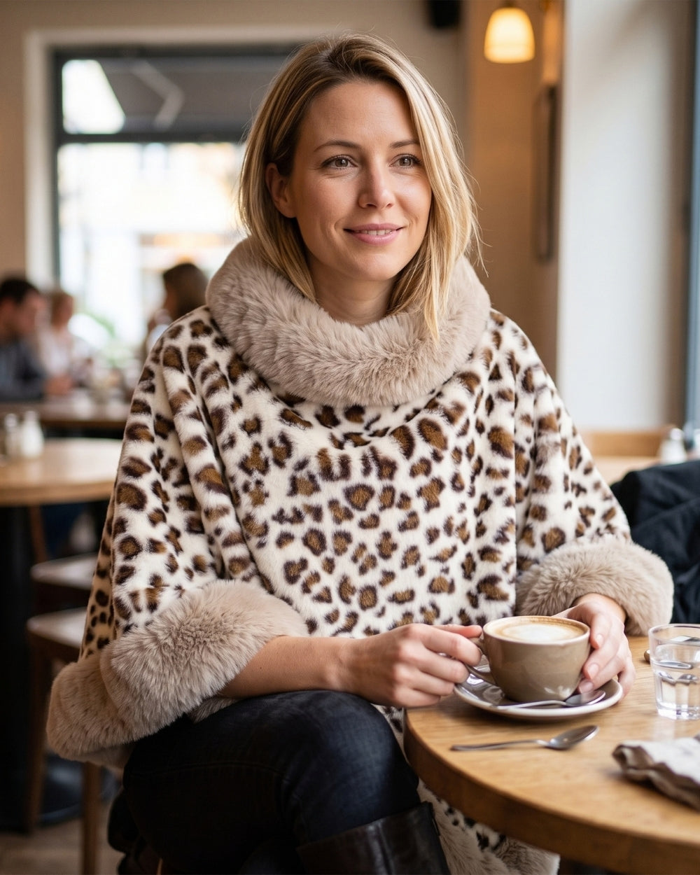 poncho-polaire-fourrure-femme-motif-leopard-situation-cafe