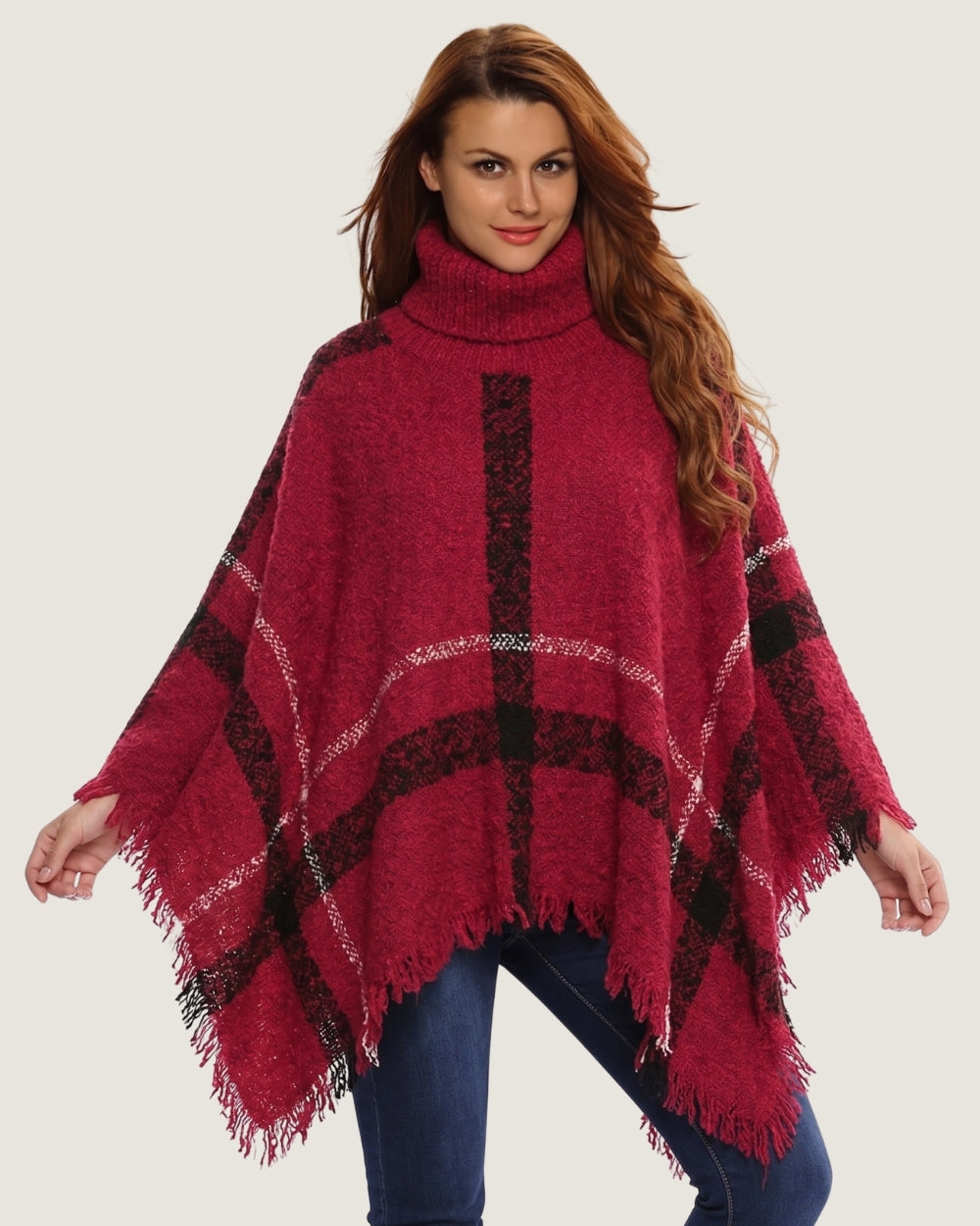poncho-pull-femme-col-roule-et-franges-style-plaid-tartan-chic-rouge
