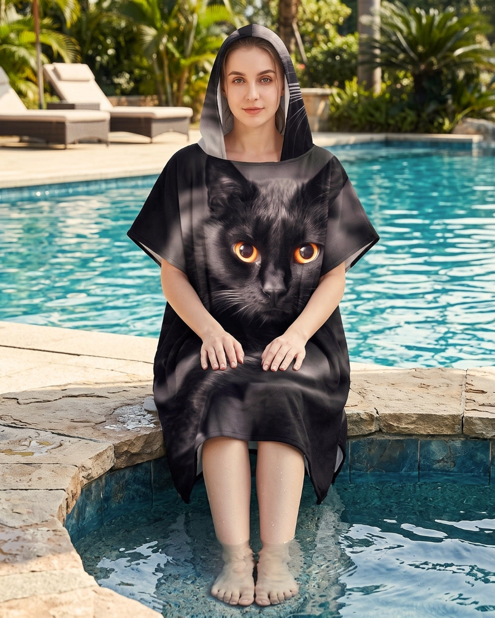 poncho-serviette-de-bain-en-microfibre-capuche-chat-noir-situation-piscine
